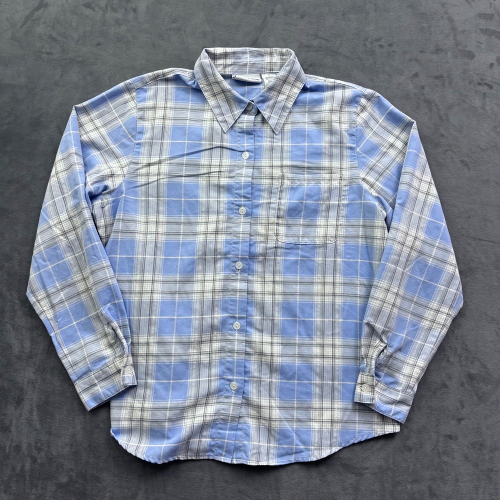 Alfred Dunner Blue Plaid Lurex Shimmer Button Down Shirt Womens 12 Western